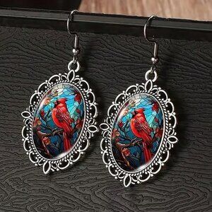 Silver CARDINAL Red Bird Dangle Earrings